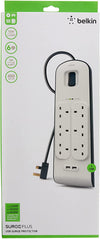 Belkin 6 Outlet Surge Protector with 2 x 2.4A Shared USB Charging, 2M Cable (BSV604sa2M)