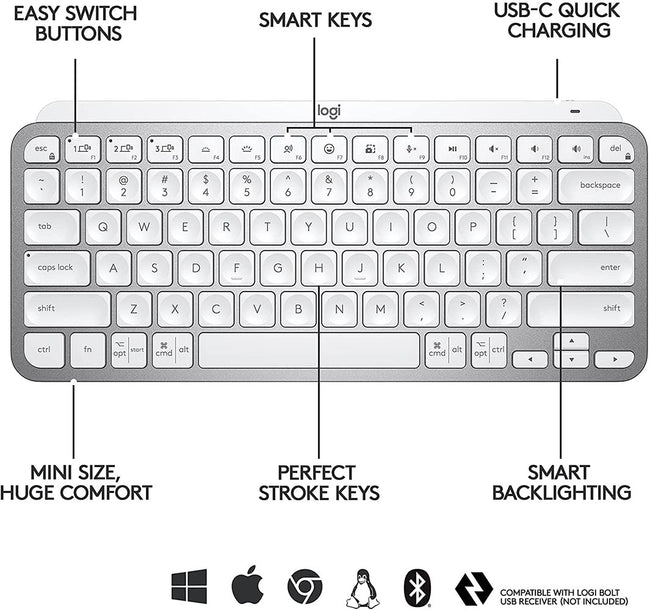 Logitech MX Keys Mini Minimalist Wireless Illuminated Keyboard, Compact,  Bluetooth, Backlit, USB-C, Compatible with Apple macOS, iOS, Windows,  Linux, Android, Metal Build - BLACK 